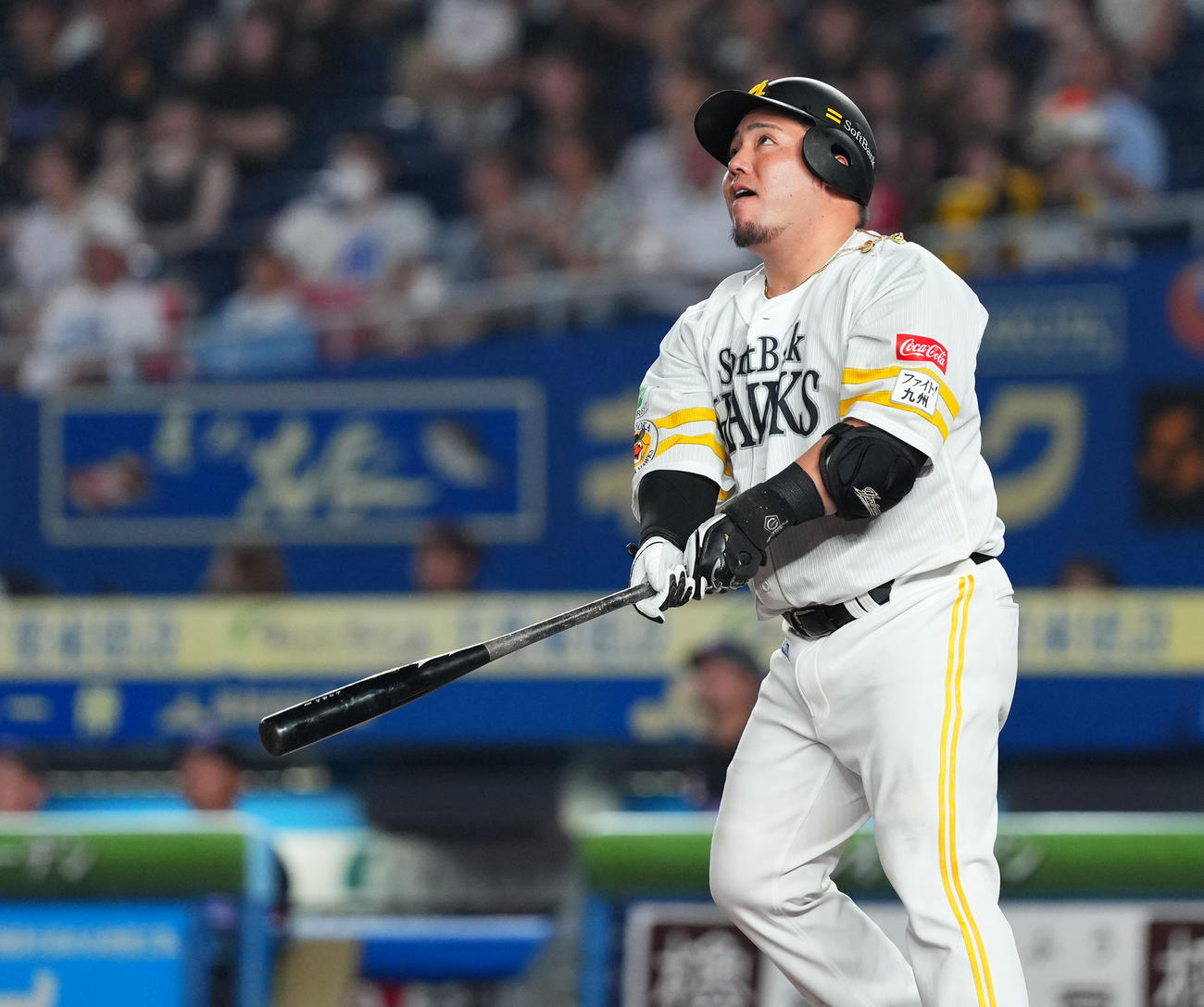 ロッテ対ソフトバンク　5回表ソフトバンク1死、左二塁打を放つ山川（撮影・菅敏）