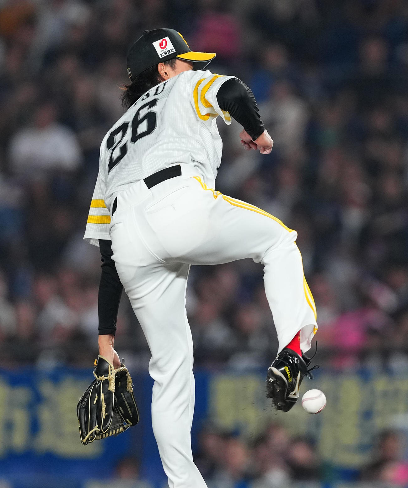 ロッテ対ソフトバンク　6回裏ロッテ1死、佐藤の打球を足に受ける大津（撮影・菅敏）