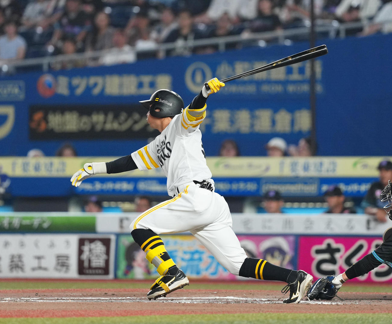 ロッテ対ソフトバンク　6回表ソフトバンク2死二塁、右適時打を放つ佐藤直（撮影・菅敏）