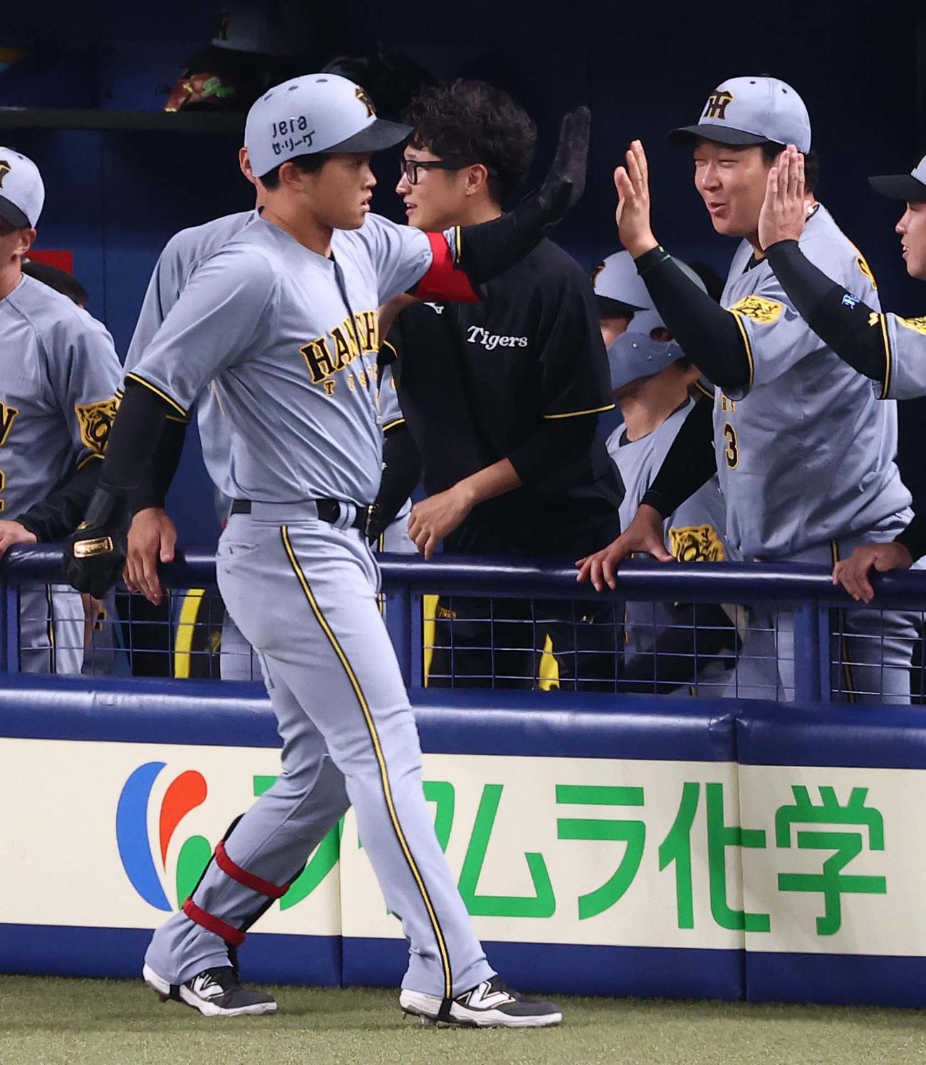 中日対阪神　2回表阪神1死、5番スタメンでプロ初本塁打を放った中川（左）はベンチスタートの大山とハイタッチする（撮影・上田博志）