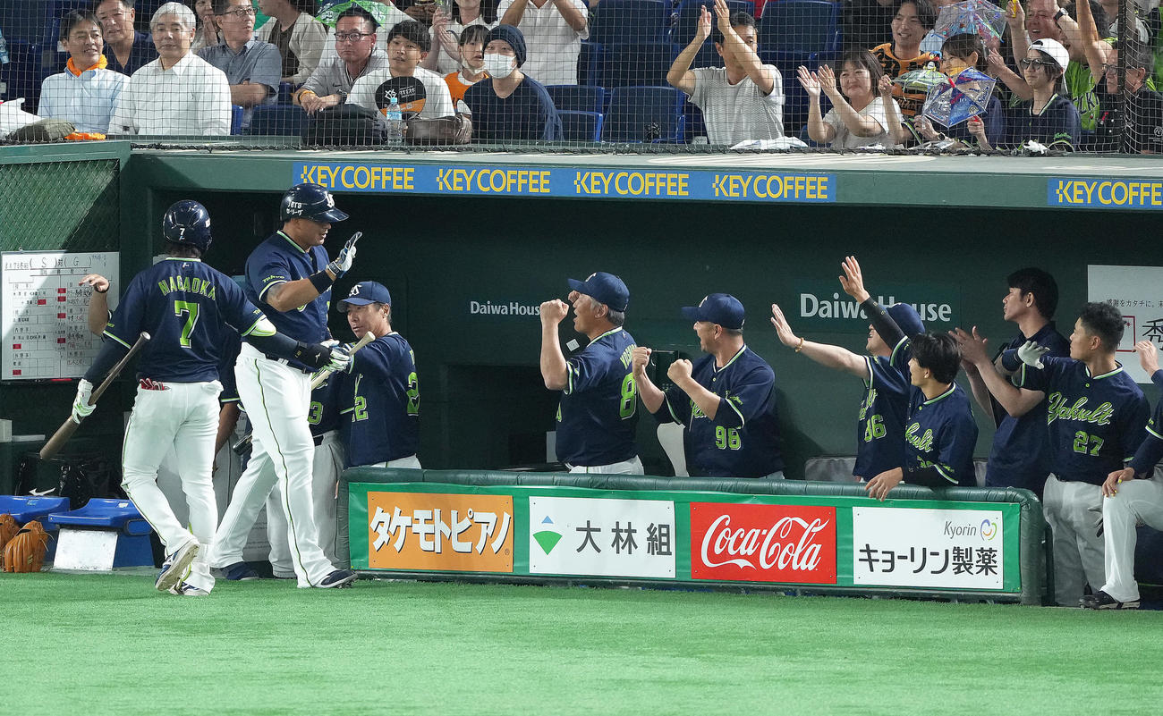 巨人対ヤクルト　8回表ヤクルト無死、オスナ（左から2人目）は左越え本塁打を放ち高津監督（同3人目）らに迎えられる（撮影・足立雅史）