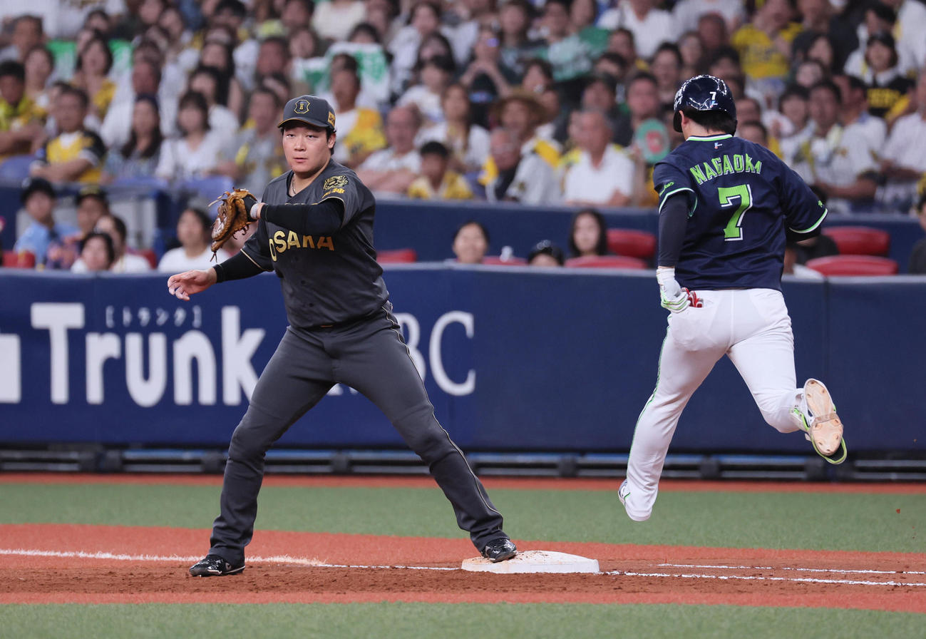 阪神対ヤクルト　7回表ヤクルト2死一、二塁、伊藤将は長岡の打球をグラブではじくも冷静な処理で投ゴロとする（撮影・宮崎幸一)