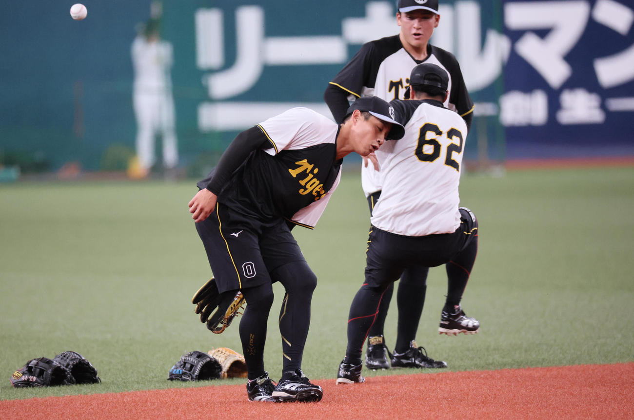 阪神対ヤクルト　ノックを受けていた木浪（手前）のグラブの下をすり抜けたフリー打撃の打球が走塁練習中の植田の足に当たる（撮影・宮崎幸一)