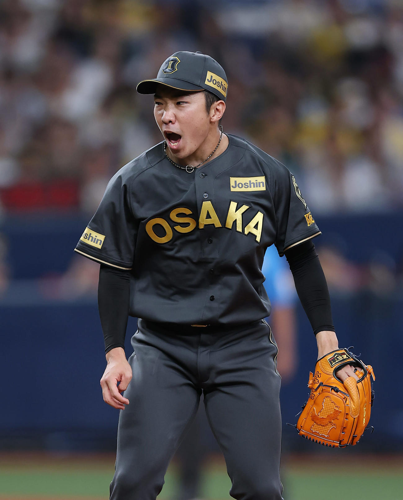 阪神対ヤクルト　10回表ヤクルト2死二塁、赤羽を空振り三振に仕留め、雄たけびを上げる石井（撮影・前田充）