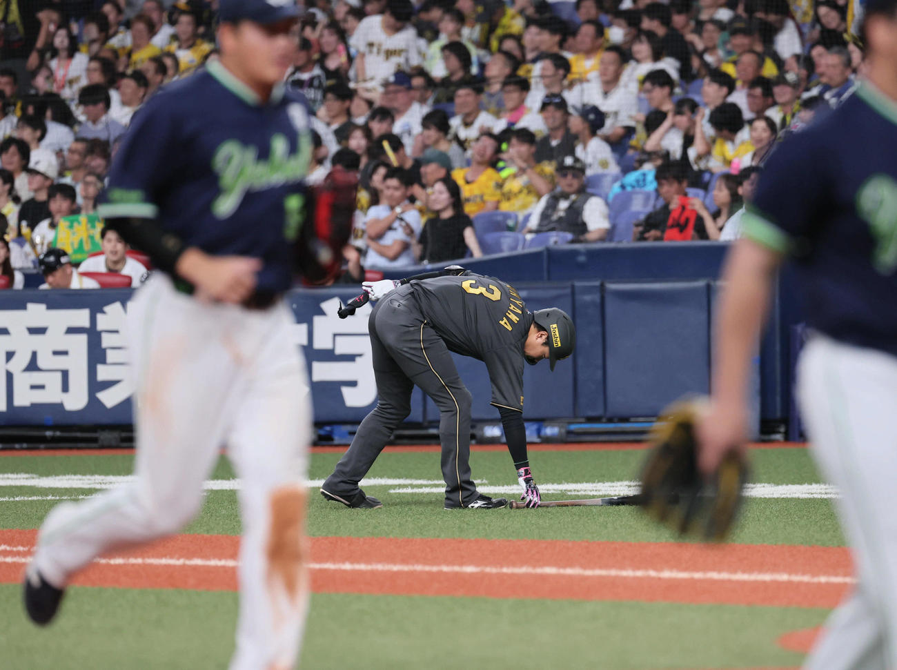 阪神対ヤクルト　11回裏阪神2死満塁、大山は中飛に倒れバットを拾う（撮影・宮崎幸一)