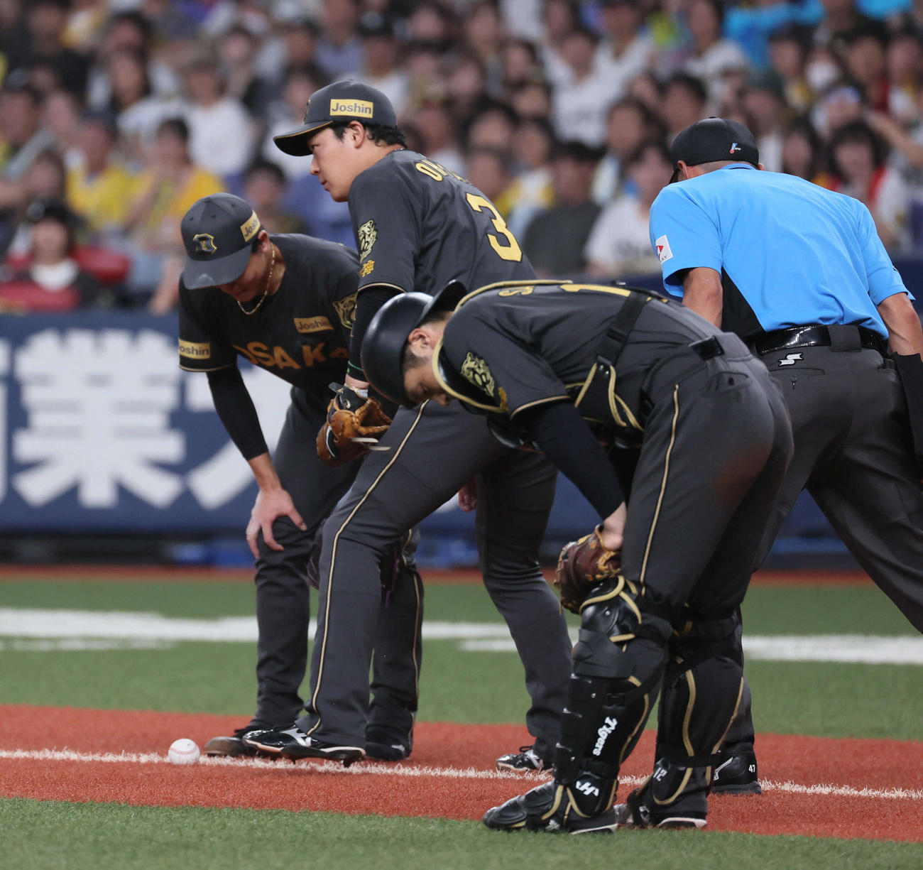阪神対ヤクルト　7回表ヤクルト無死一塁、岩田のバントを見る、左から湯浅、大山、坂本だがフェアに留まる（撮影・宮崎幸一)