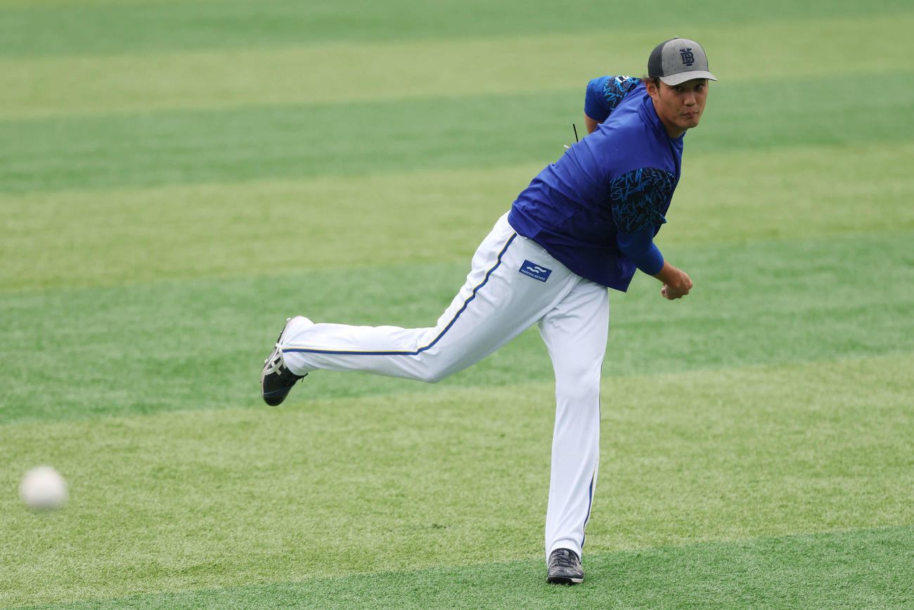 DeNA対巨人　試合前練習でキャッチボールするDeNA藤浪（撮影・宮地輝）