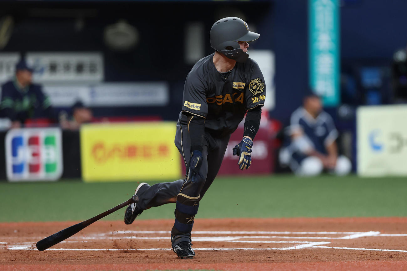 阪神対ヤクルト　6回裏阪神無死、左前打を放つ中野（撮影・前田充）
