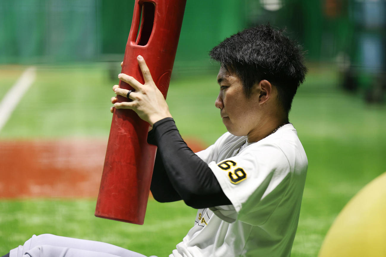 室内練習場でトレーニングに臨む阪神石井（撮影・前田充）