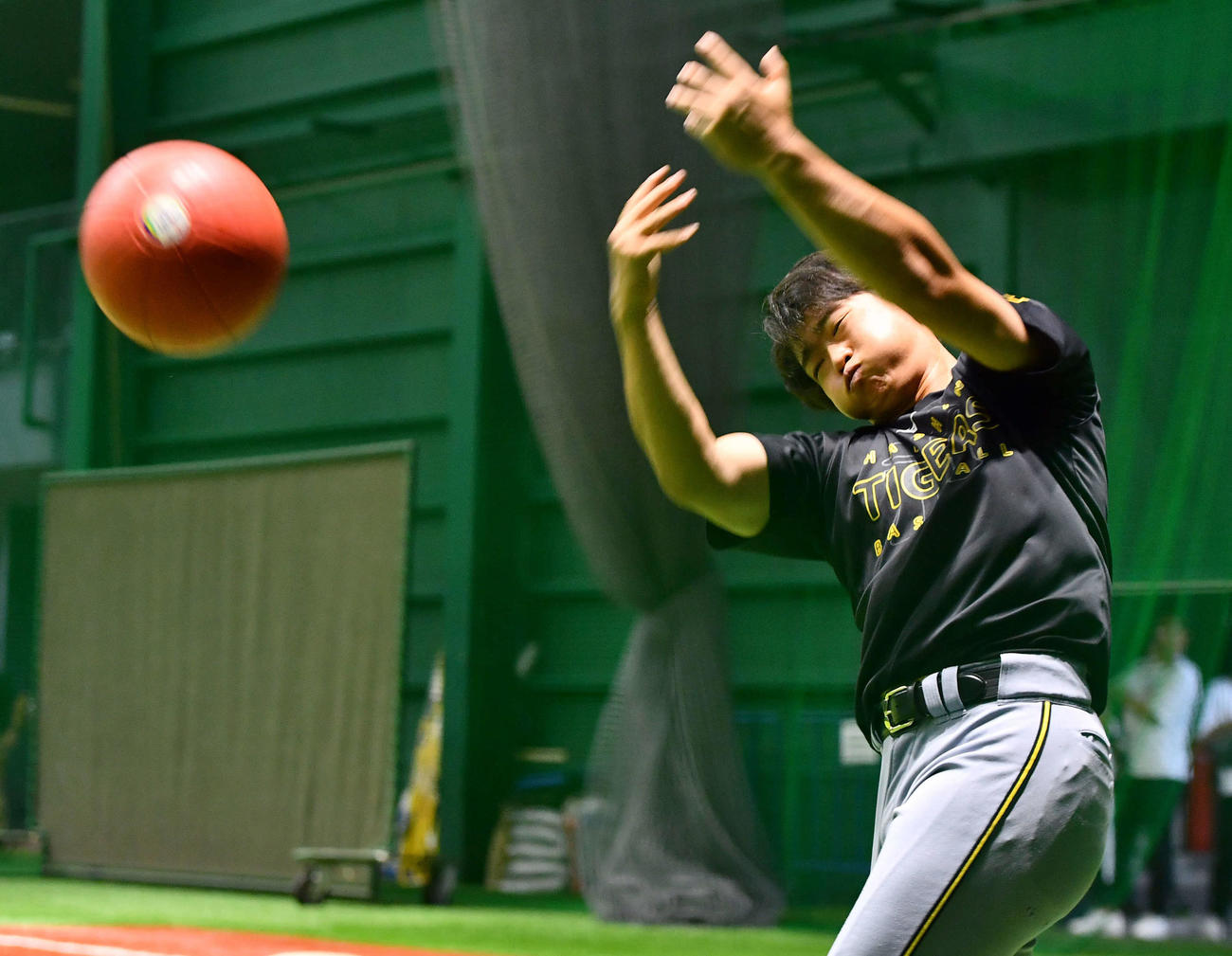室内練習場でメディシンボールを投げる阪神中川（撮影・岩下翔太）