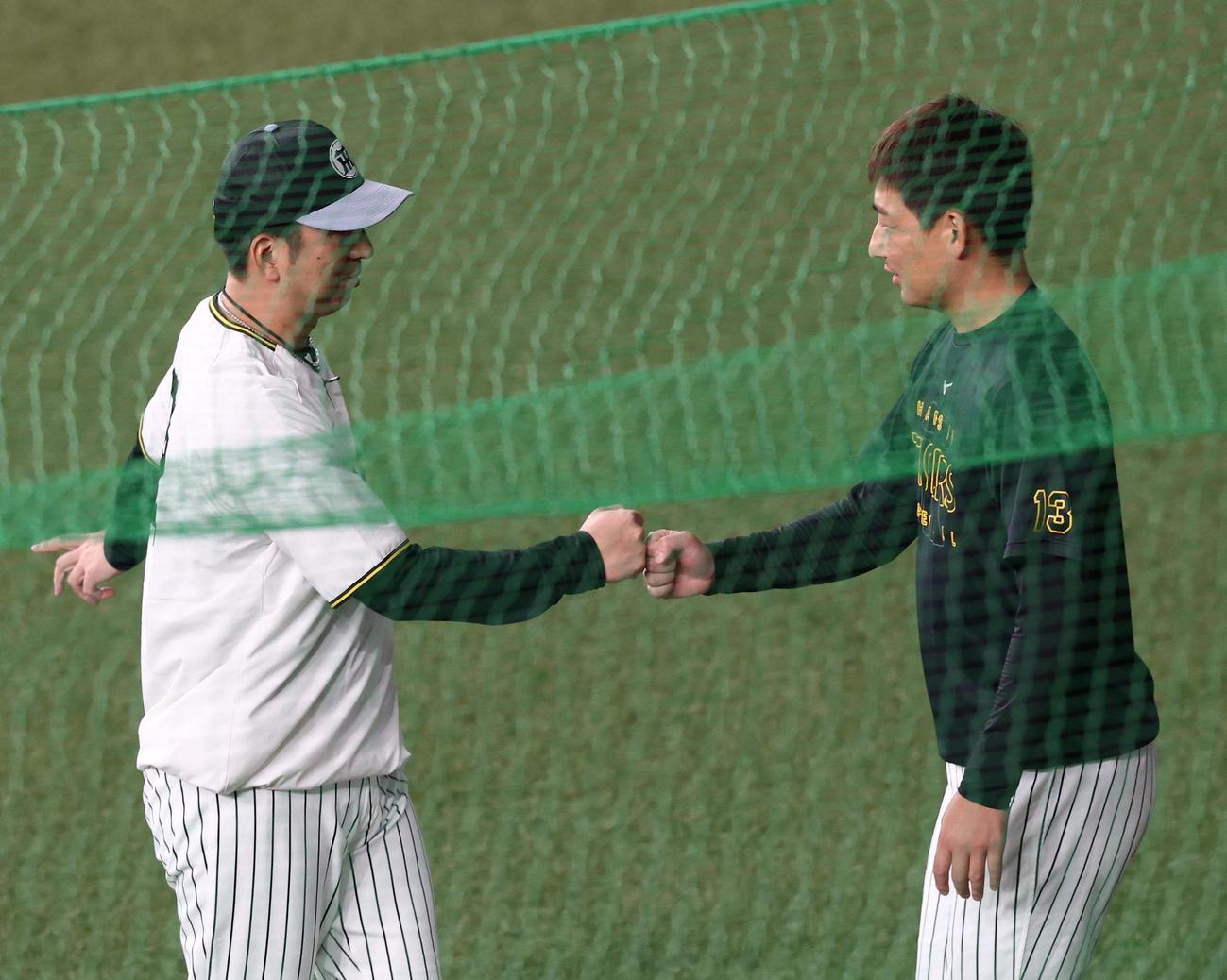 1軍で練習する岩崎優は藤川球児監督とグータッチをする（2025年8月8日撮影）