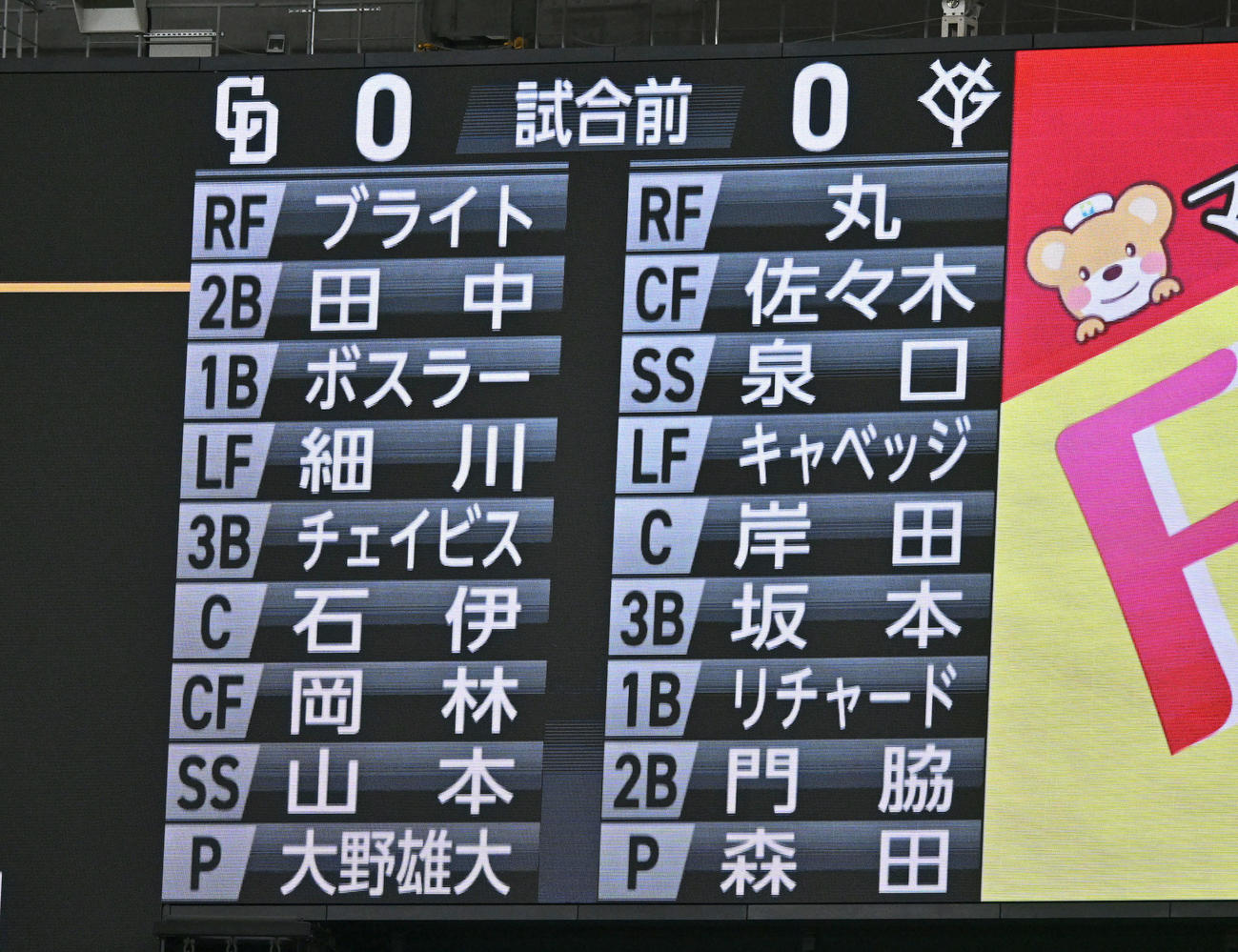 巨人対中日　両チームのスタメン（撮影・滝沢徹郎）