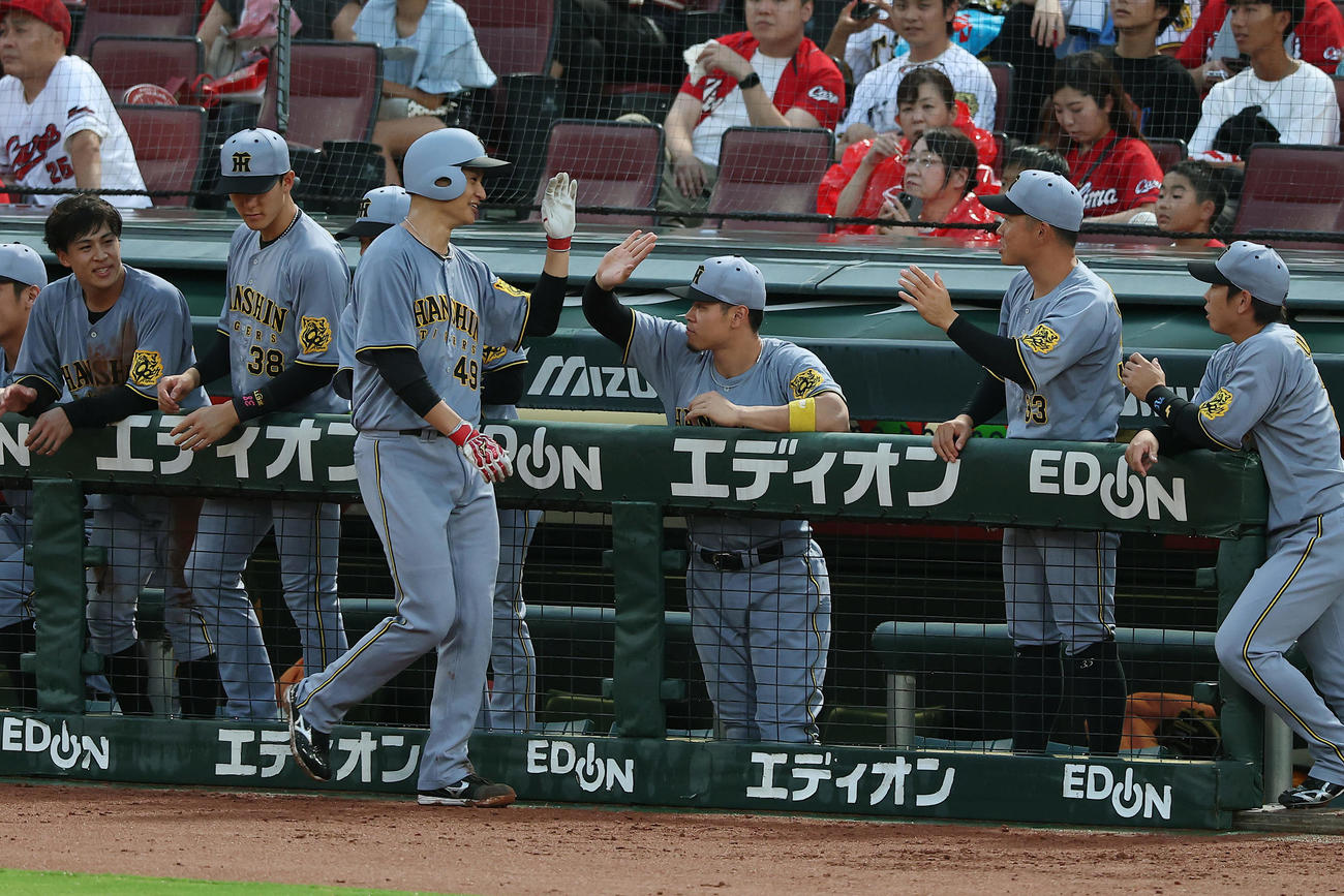広島対阪神　3回表阪神2死一、三塁、前川の適時打で生還した大竹を迎える阪神の選手たち（撮影・前田充）