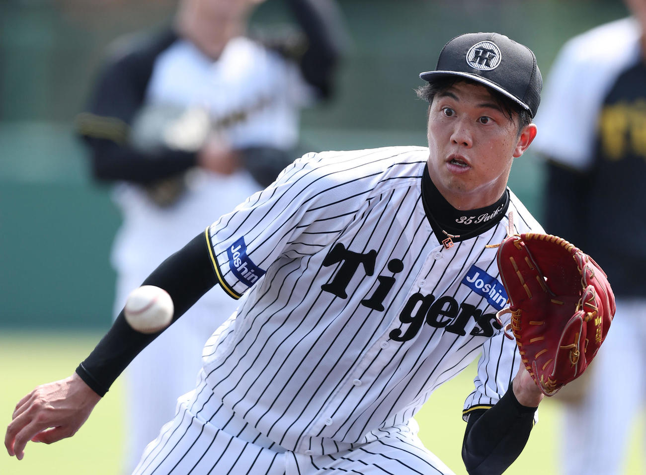 投内連係を行う阪神才木（撮影・前田充）