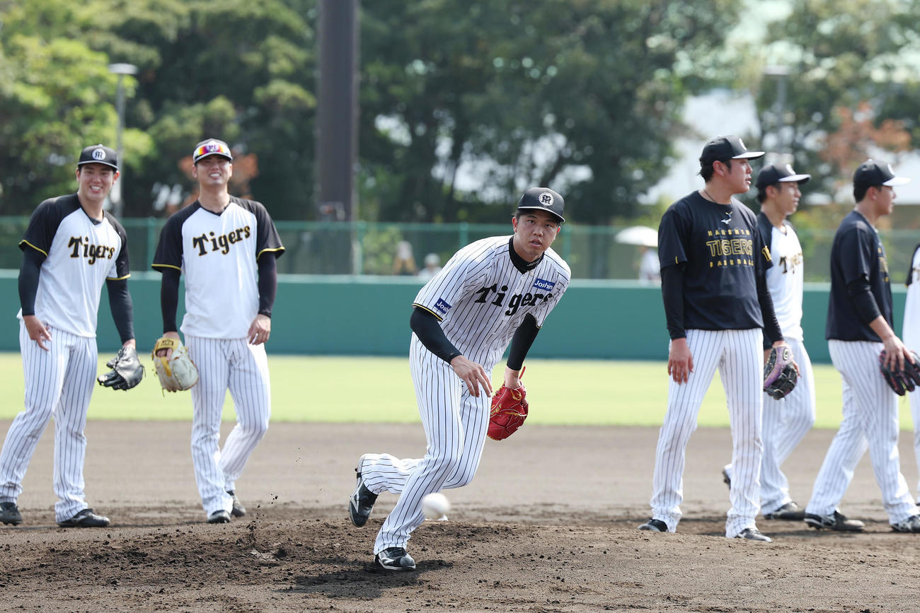 投内連係を行う阪神才木（中央）ら（撮影・前田充）