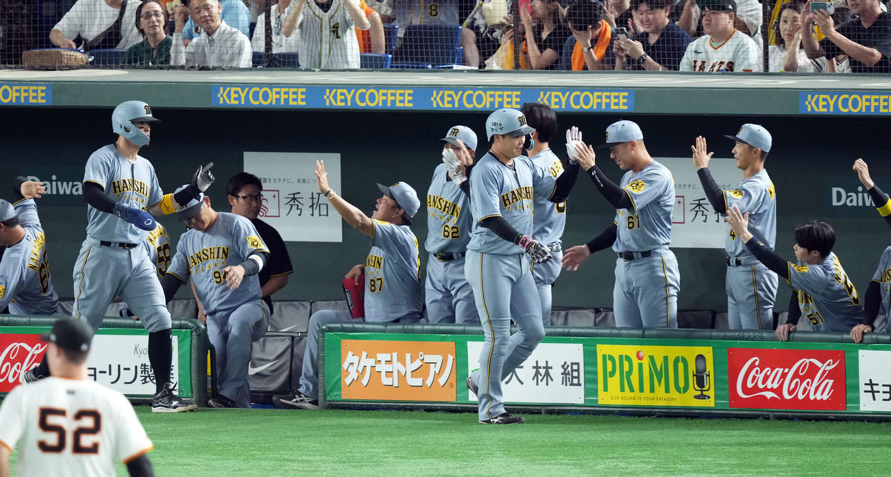 巨人対阪神　4回表阪神無死一塁、2点本塁打を放ちナインとハイタッチをする大山（撮影・たえ見朱実）