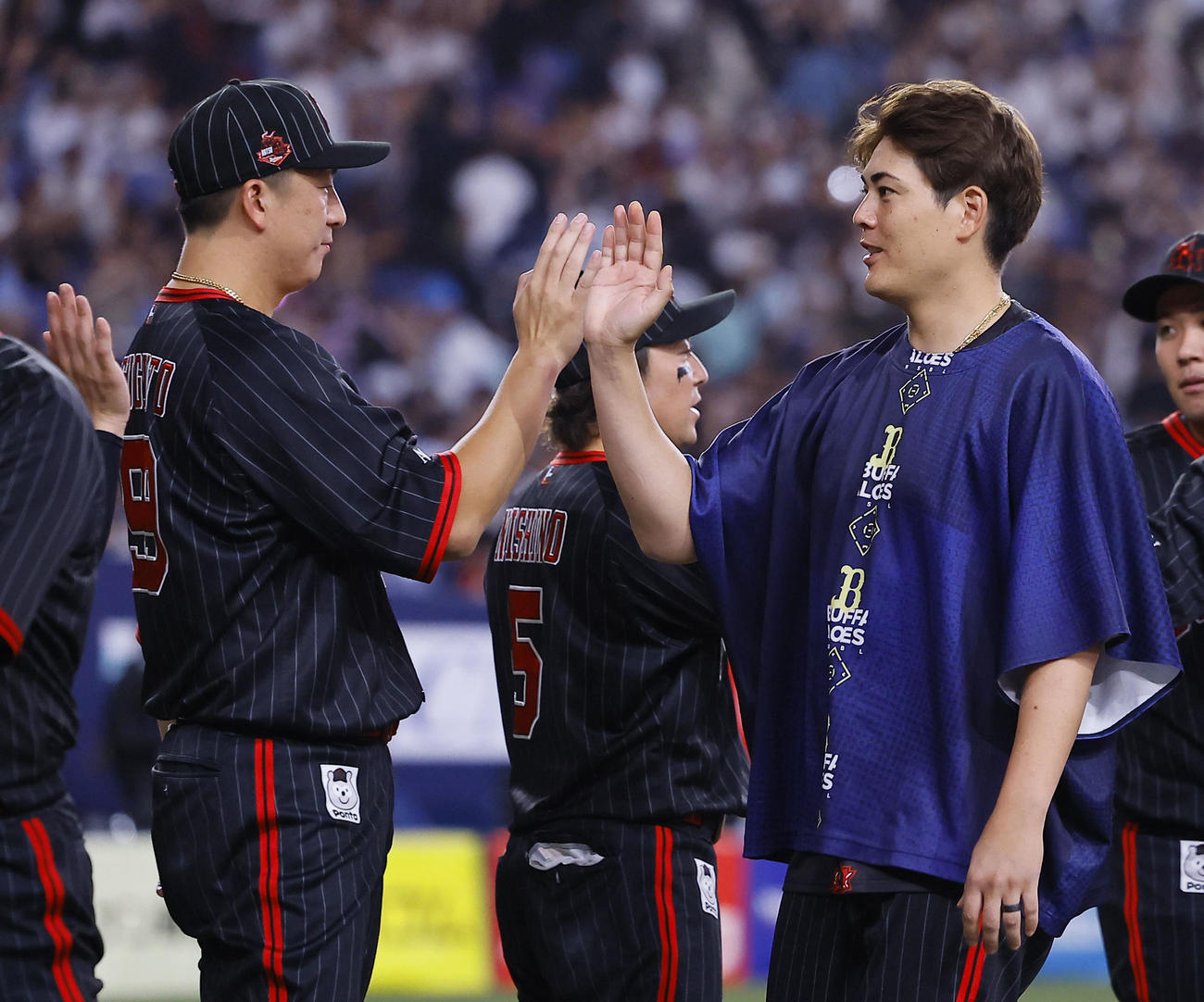 オリックス対西武　西武に勝利し、タッチを交わすオリックス杉本（左）と九里（撮影・藤尾明華）