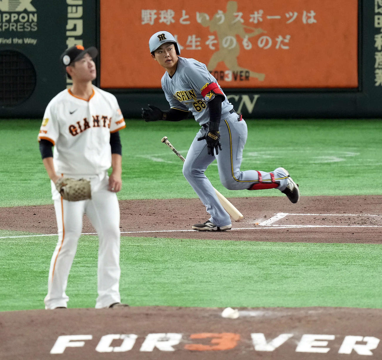 巨人対阪神　2回表阪神無死一塁、左前打を放った中川。投手井上（撮影・たえ見朱実）