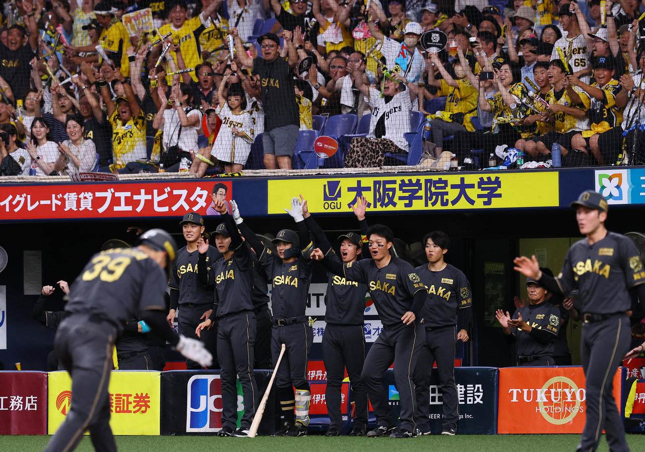 阪神対中日　2回裏阪神1死一、二塁、井坪の三塁内野安打で、相手失策の間に一走栄枝は生還。喜ぶ阪神ナイン（撮影・藤尾明華）