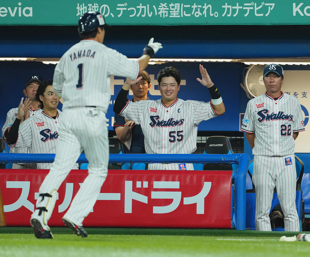 ヤクルト対巨人　4回裏ヤクルト1死一塁、2点本塁打を放った山田（手前）を迎える村上（中央）、高津監督（右）ら（撮影・菅敏）