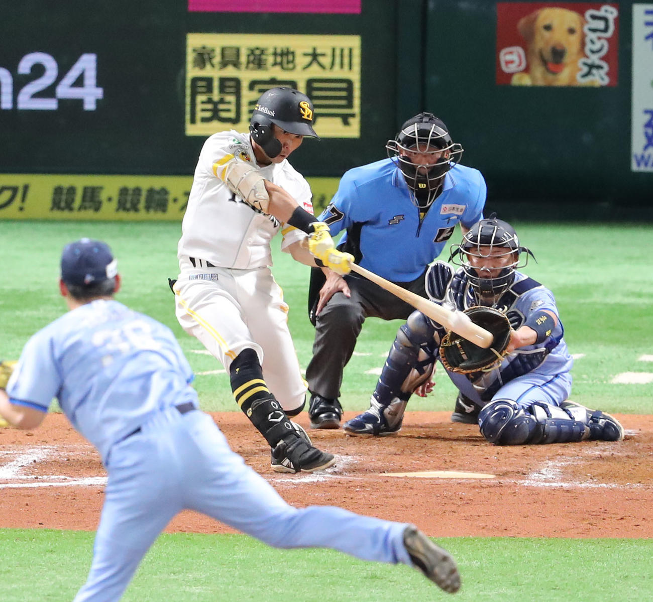 ソフトバンク対西武　7回裏ソフトバンク1死二塁、中村は右越えに勝ち越し適時二塁打を放つ（撮影・梅根麻紀）