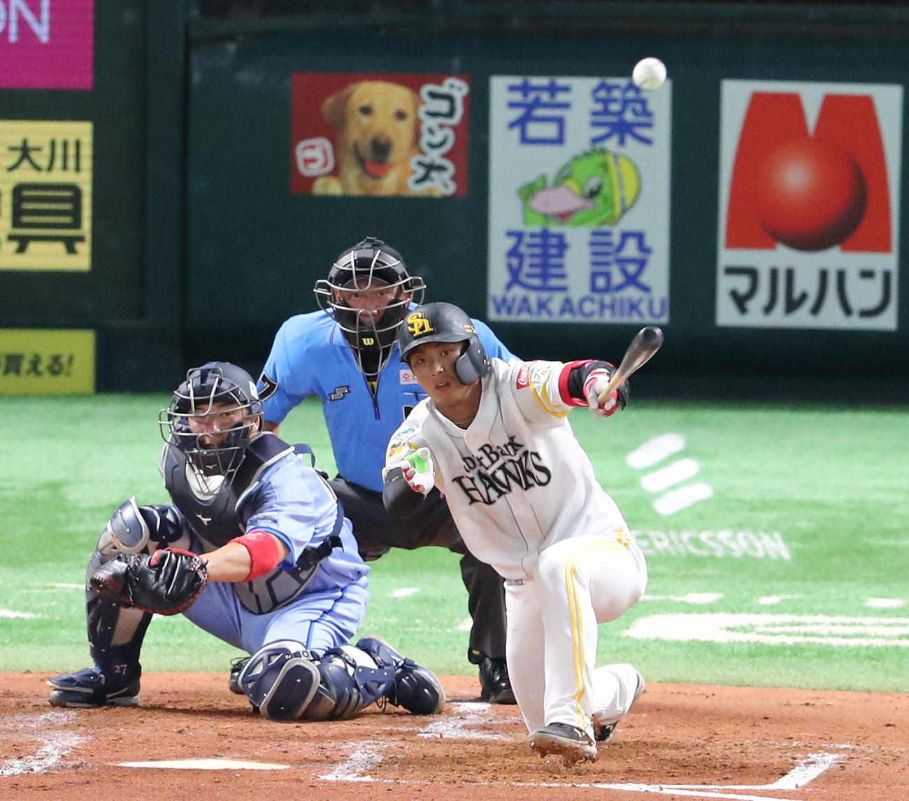 ソフトバンク対西武　3回裏ソフトバンク2死、今宮は左前安打を放つ（撮影・梅根麻紀）