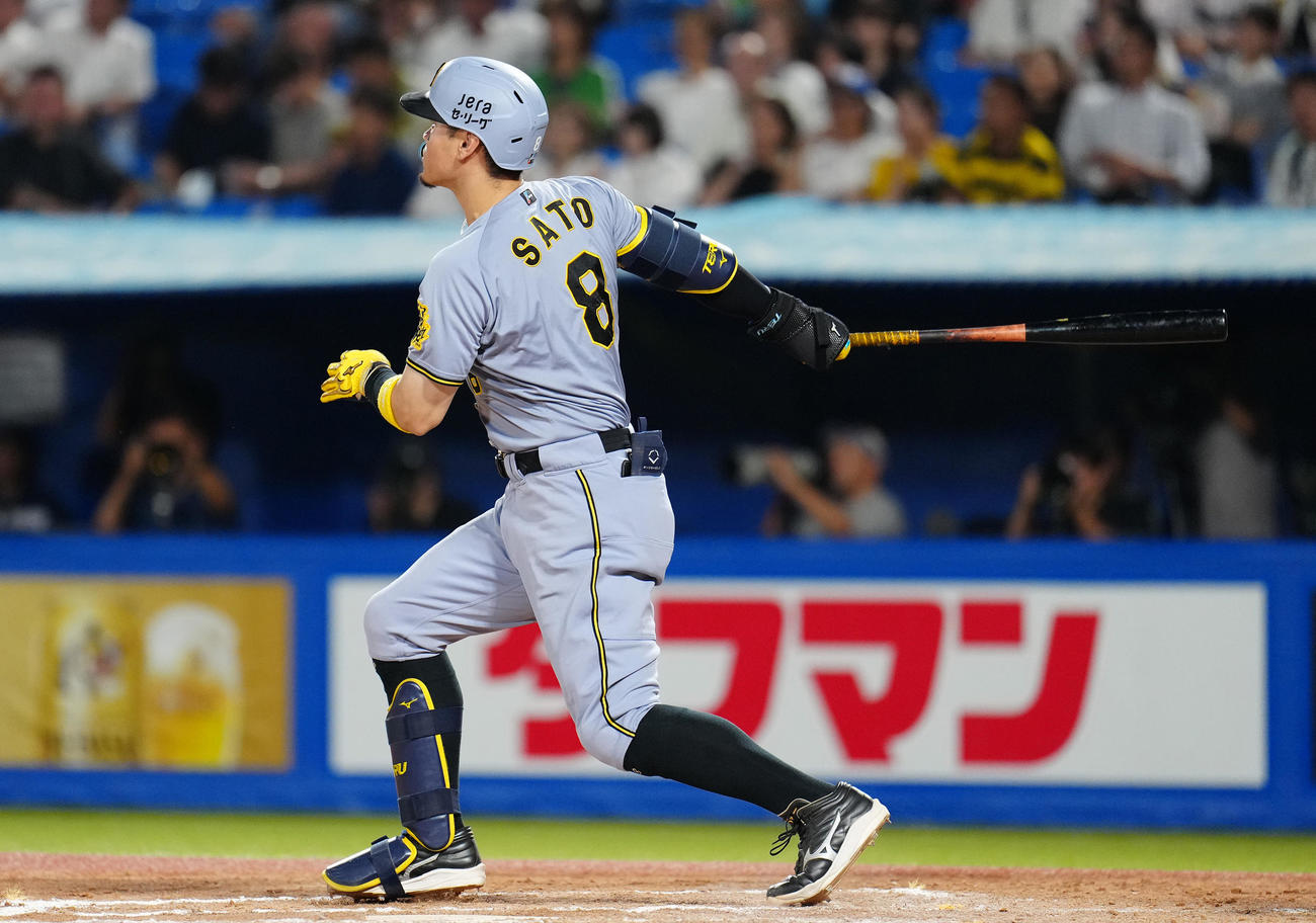 ヤクルト対阪神　8回表阪神2死、右翼ポール際に飛球を放つ佐藤輝（撮影・鈴木みどり）