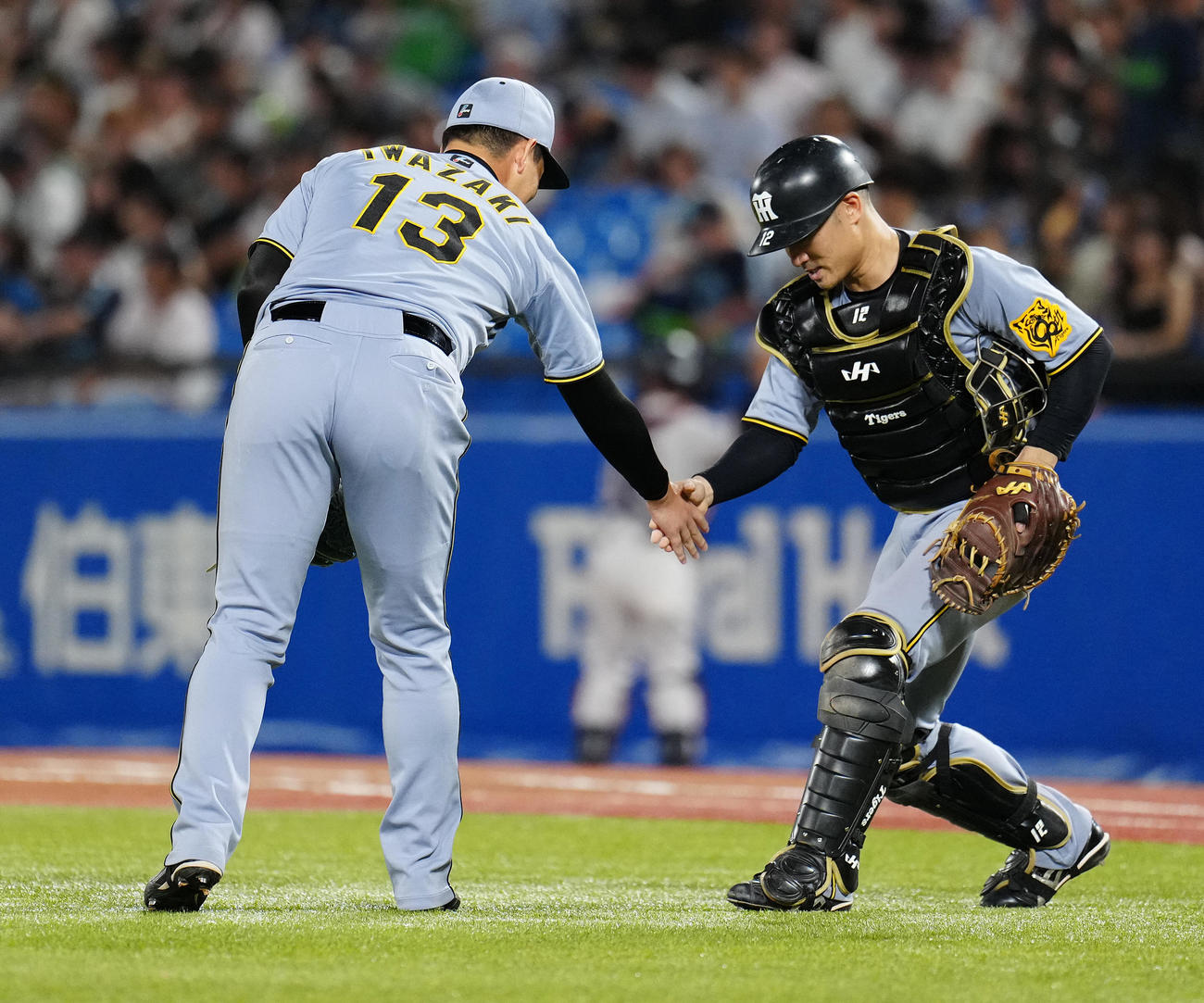 ヤクルト対阪神　ヤクルトに勝利し、坂本（右）と握手する阪神岩崎（撮影・鈴木みどり）