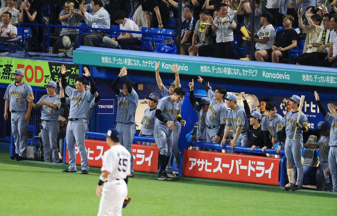 ヤクルト対阪神　10回表阪神1死満塁、熊谷が2点適時打を放ち喜ぶ阪神ベンチ（撮影・浅見桂子）