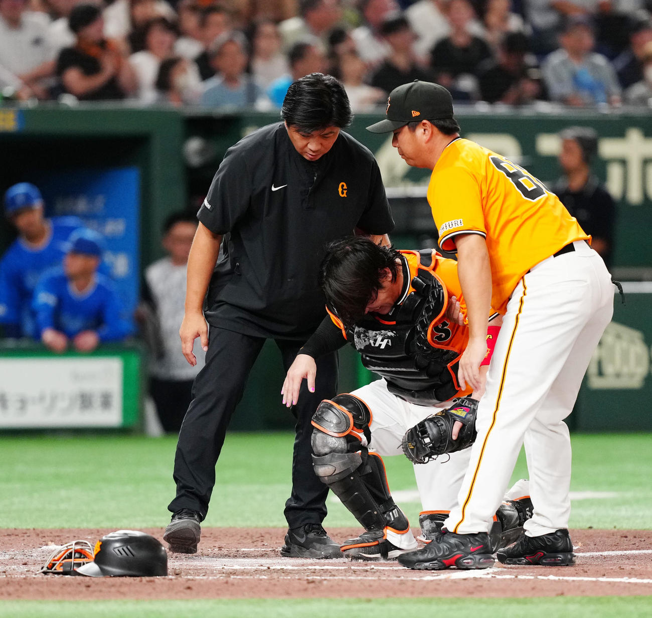 巨人対DeNA 6回表、負傷した巨人捕手甲斐（中央）（撮影・江口和貴）