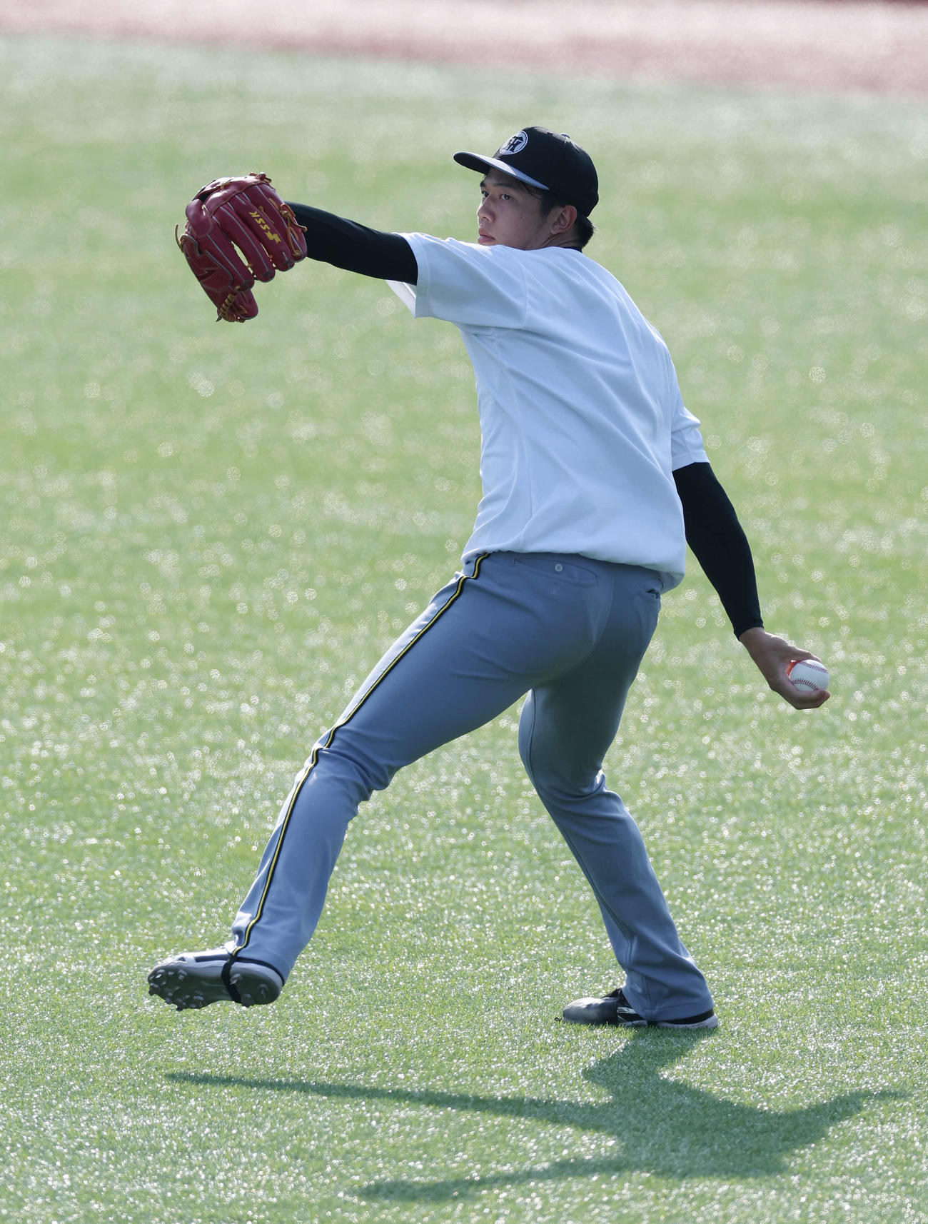 ヤクルト対阪神　試合前練習でキャッチボールする阪神才木（撮影・宮地輝）