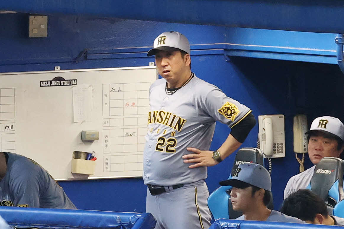ヤクルト対阪神　ベンチで厳しい表情の阪神藤川監督（撮影・宮地輝）
