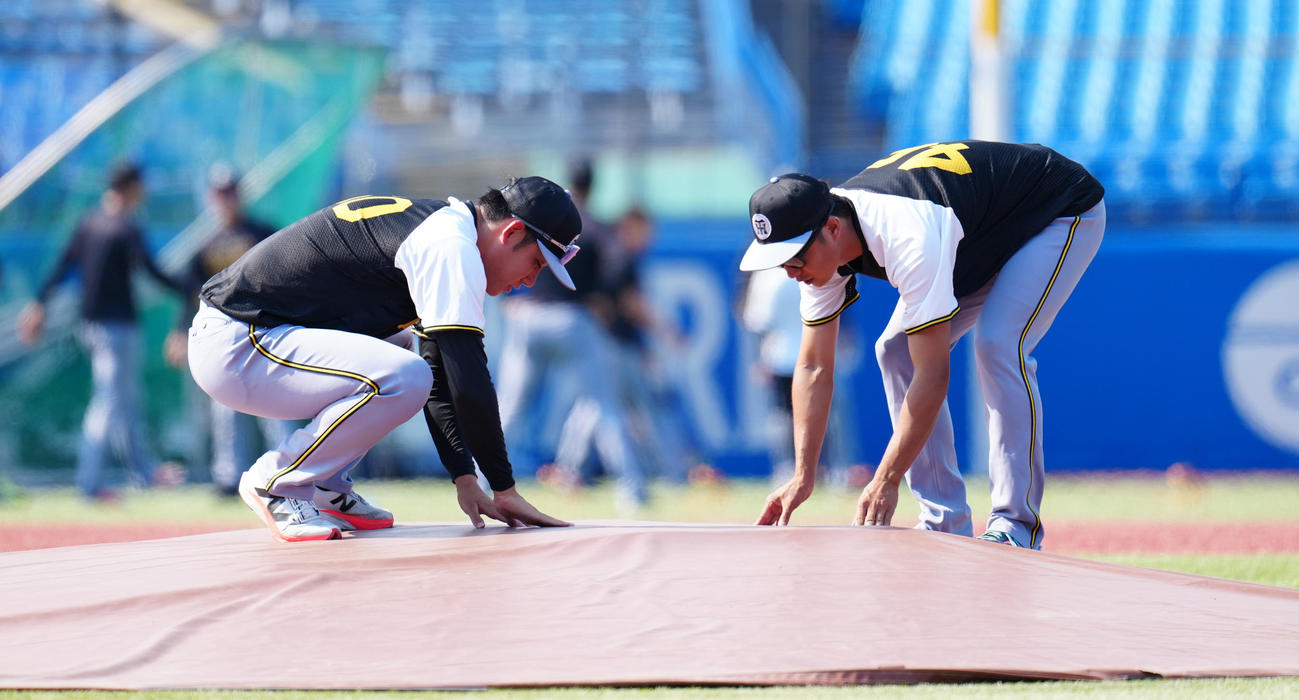 ヤクルト対阪神　試合前練習でマウンドの状態を確認する阪神島本（右）と富田（撮影・鈴木みどり）