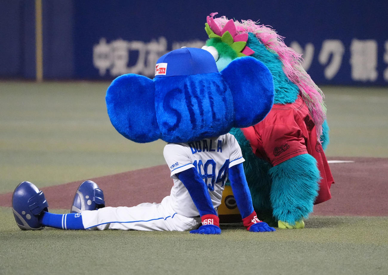 試合前、ドアラの後頭部には「SLYLY」の文字（撮影・森本幸一）