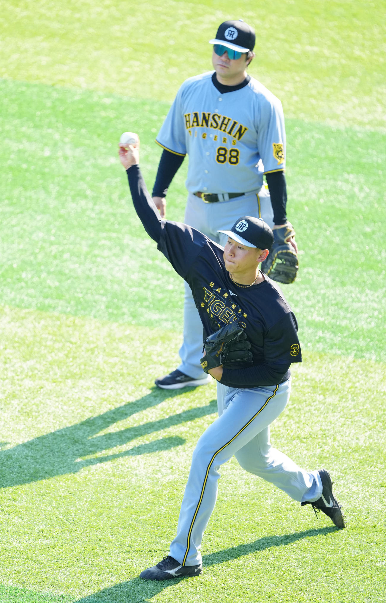 DeNA対阪神　試合前練習でキャッチボールする阪神早川（撮影・江口和貴）