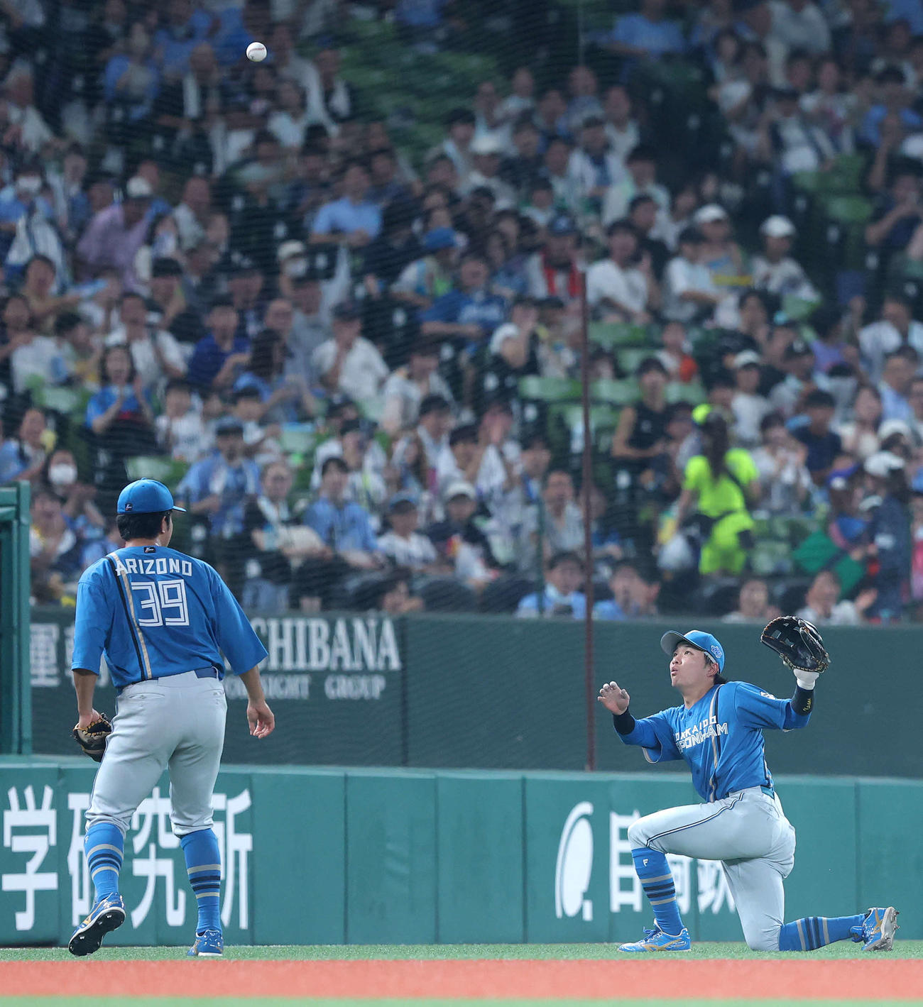 西武対日本ハム　3回裏西武1死、長谷川の打球を落球する奈良間（右）と有薗（撮影・河田真司）