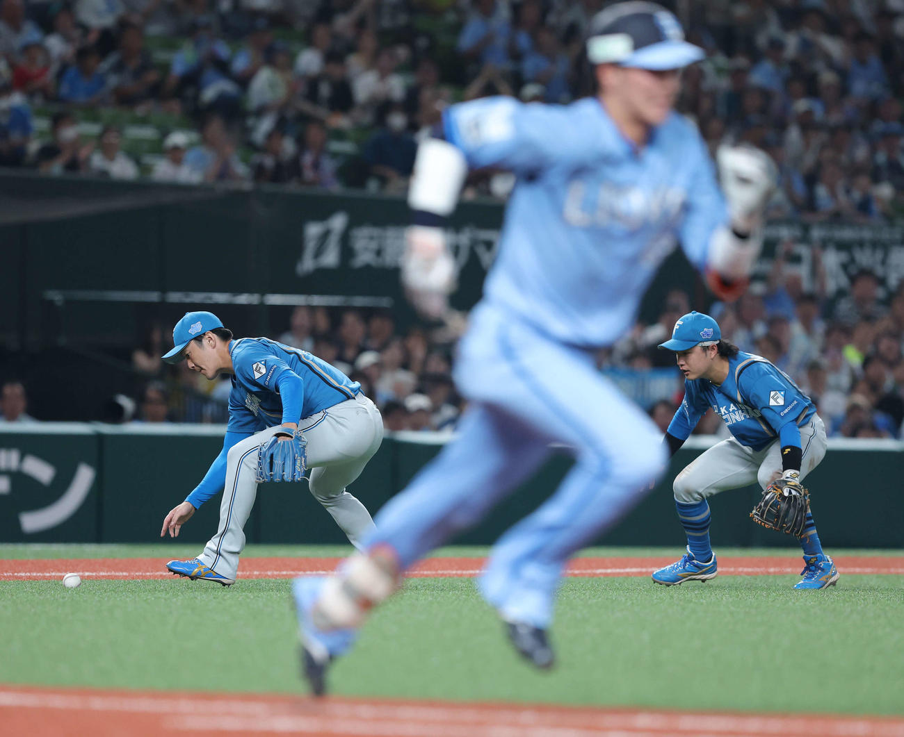 西武対日本ハム　7回裏西武無死一、二塁、長谷川の送りバントの打球をつかみ損ねる玉井（左）（撮影・河田真司）