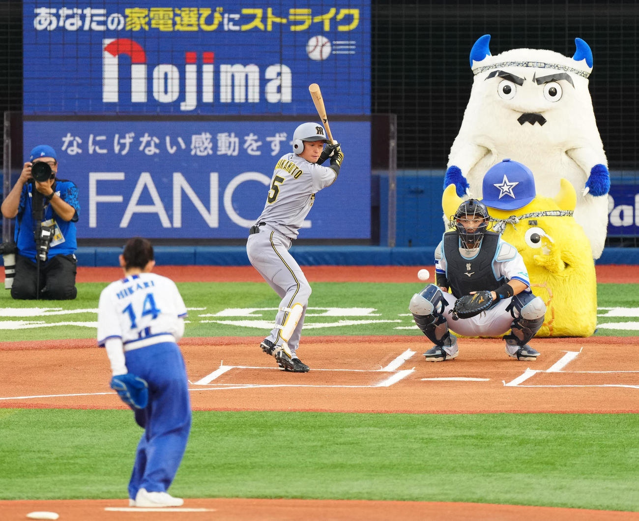 DeNA対阪神　試合前、始球式に臨む石田ひかり。打者阪神近本（撮影・江口和貴）