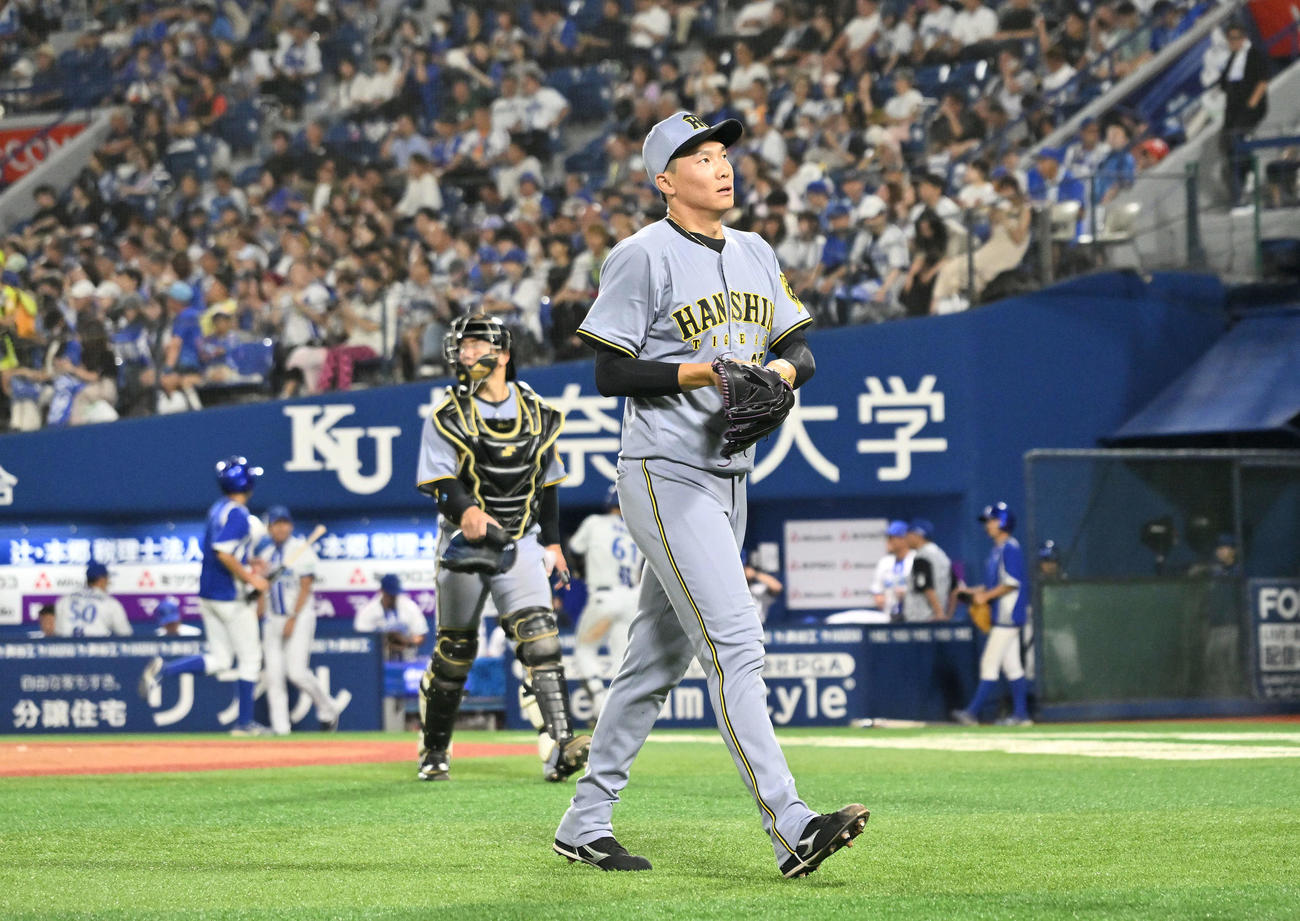 DeNA対阪神　6回裏を投げ終えた阪神2番手の湯浅（手前）はベンチへ引き揚げる（撮影・滝沢徹郎）