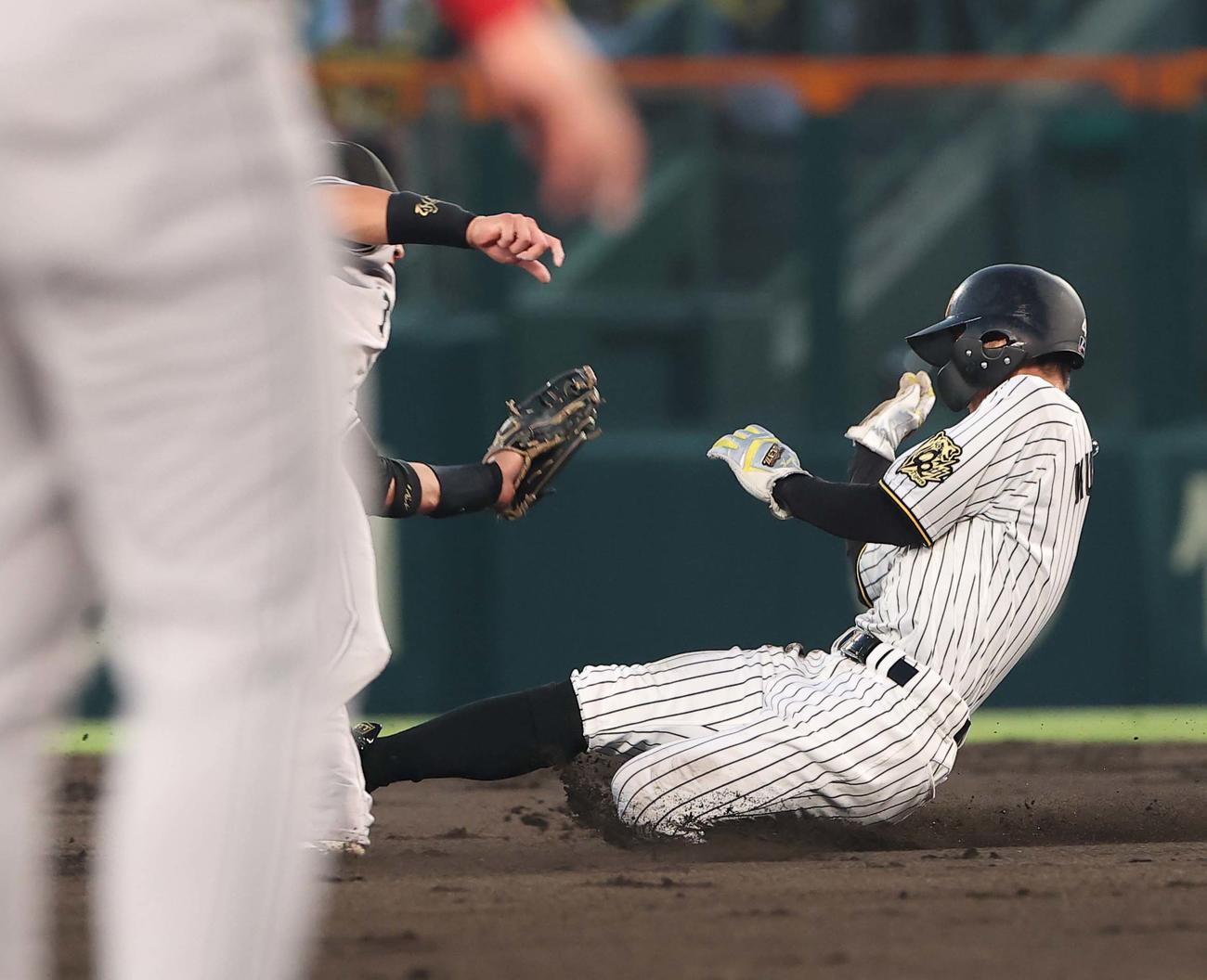 阪神対巨人　2回裏阪神2死一塁、熊谷は二盗に失敗する（撮影・上田博志）