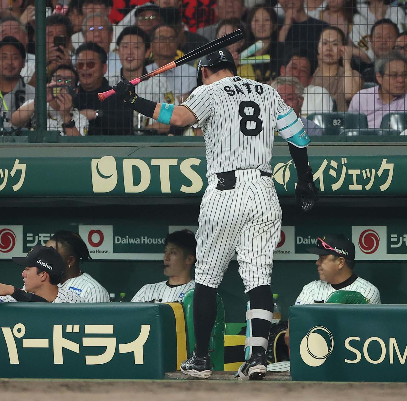 阪神対巨人　6回裏阪神1死二塁、三振に倒れた佐藤輝はバットでフェンスをたたく（撮影・上田博志）