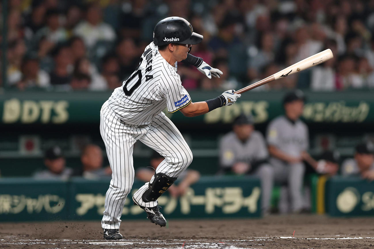 阪神対巨人　7回裏阪神1死一塁、三塁へ内野安打を放つ代打小野寺（撮影・前田充）