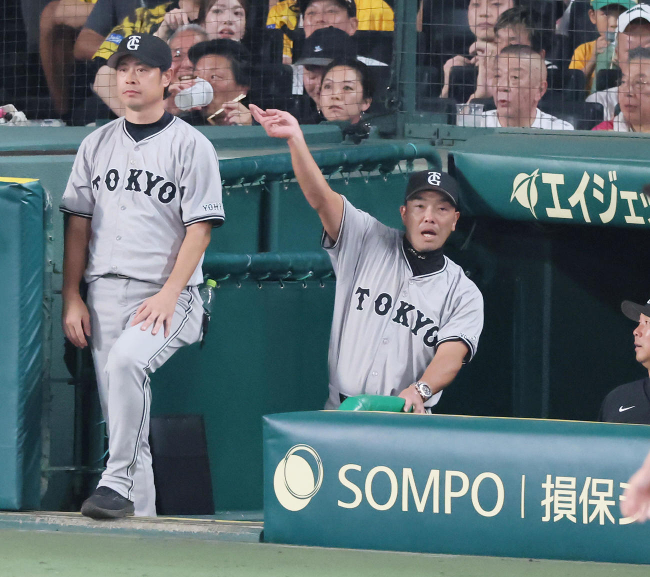 阪神対巨人　6回表巨人1死満塁、キャベッジは右越え走者一掃の適時二塁打を放ったがそのまま二塁に留まり、ベンチの阿部監督は進塁しろ！と怒りのジャスチャー（撮影・加藤哉）