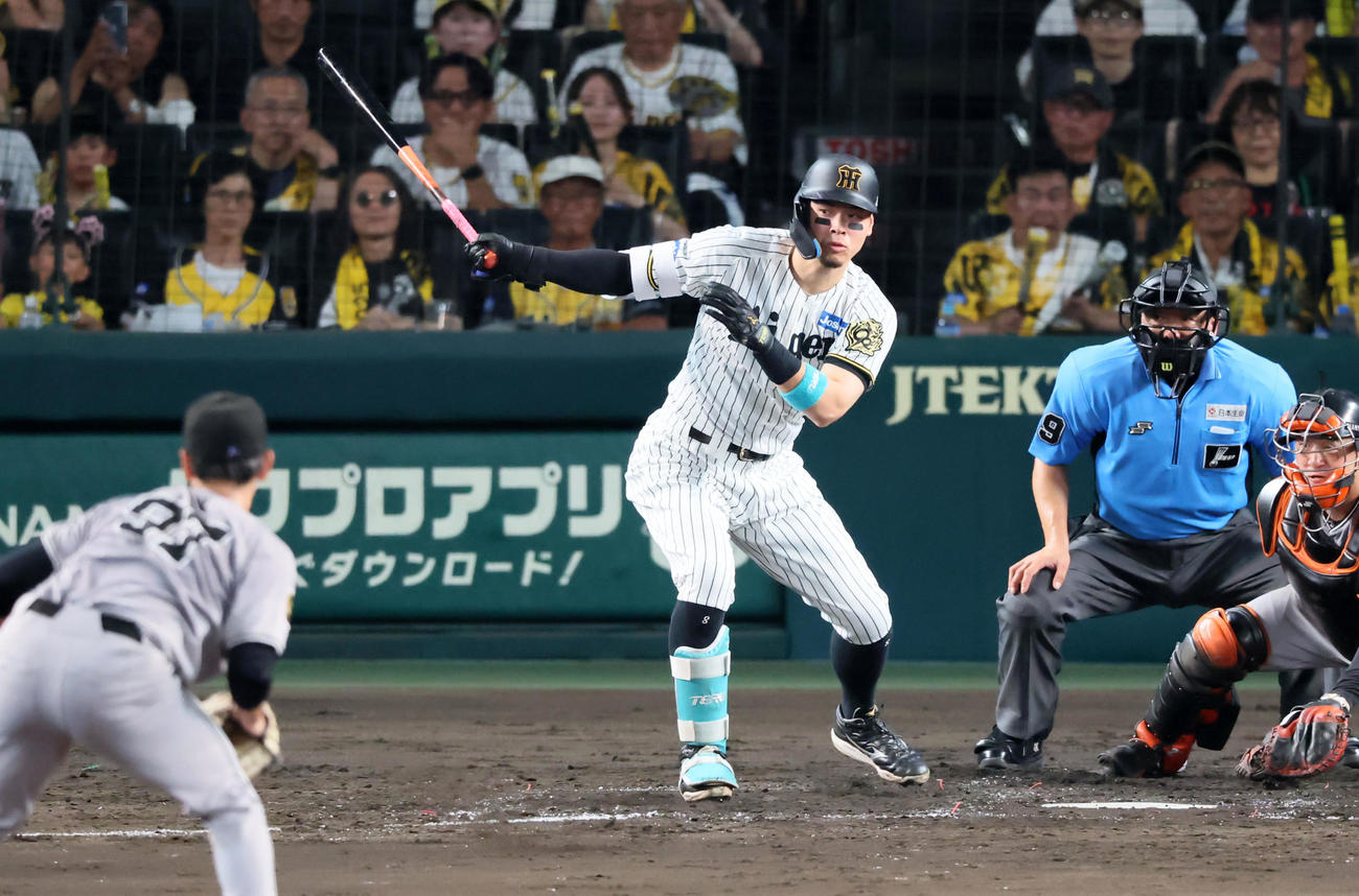 阪神対巨人　3回裏阪神1死一、二塁、佐藤輝は右前適時打を放つ。投手井上（撮影・加藤哉）