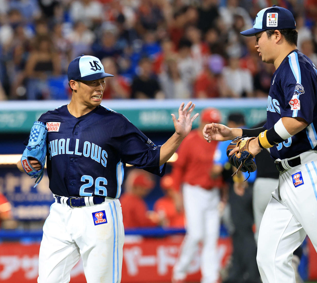 ヤクルト対広島　6回表広島の攻撃を抑え、村上（右）とハイタッチする山野（撮影・浅見桂子）