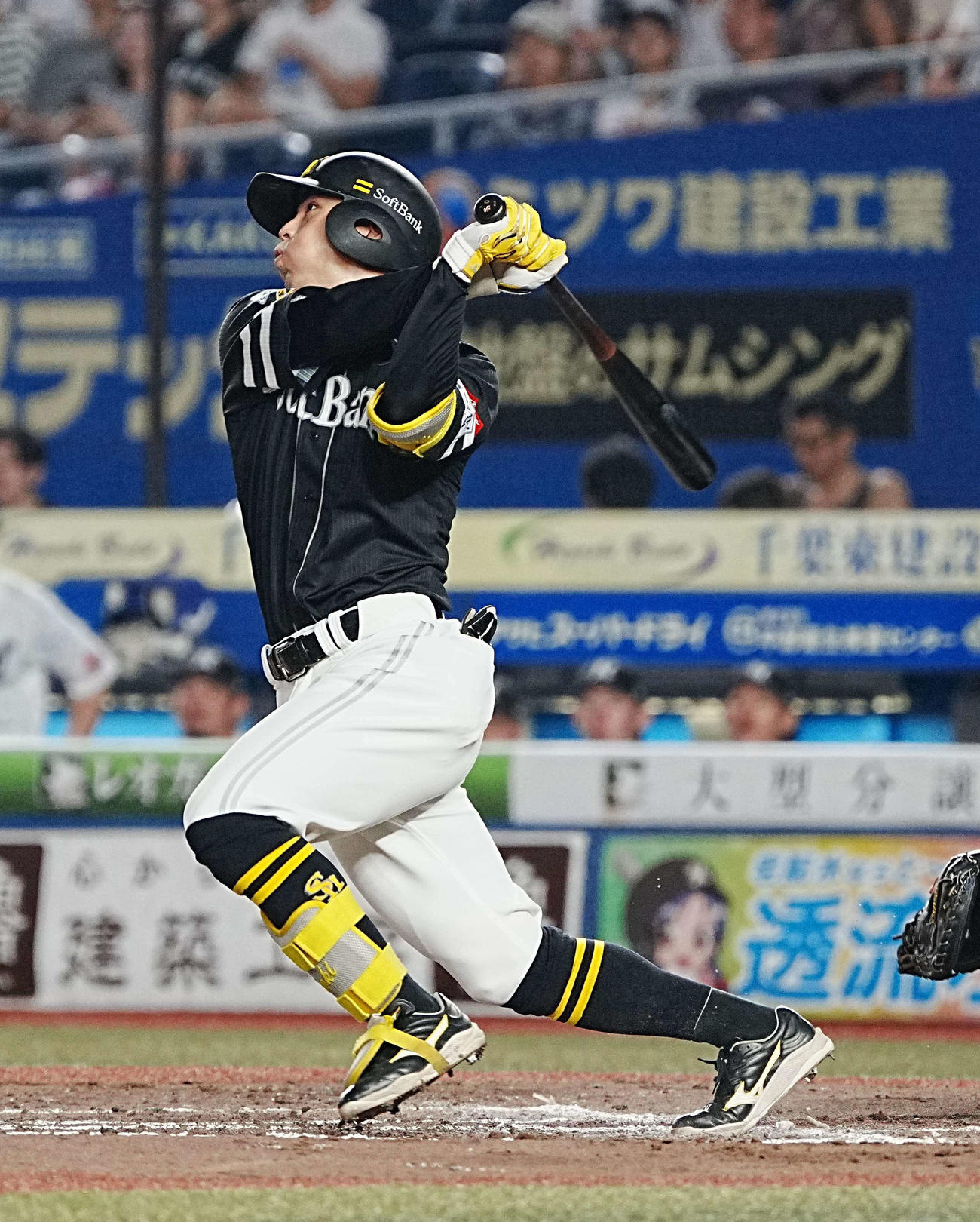 ロッテ対ソフトバンク　3回表ソフトバンク無死、佐藤直は左越えにソロ本塁打を放つ（撮影・小沢裕）