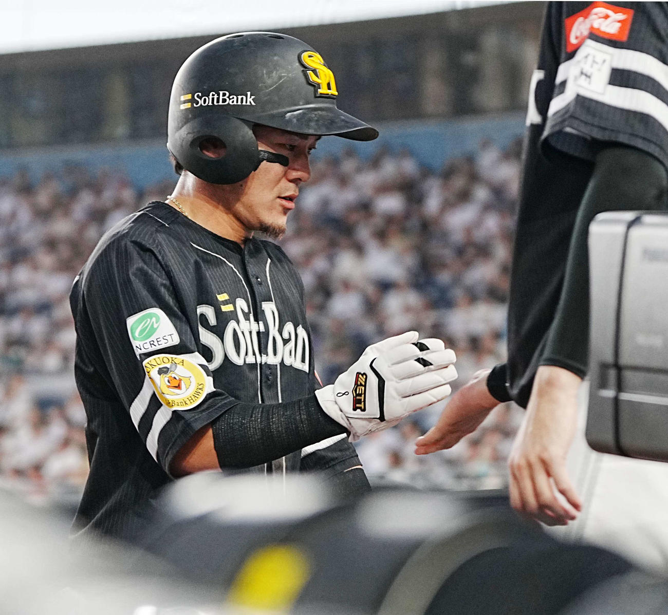 ロッテ対ソフトバンク　1回表ソフトバンク、牧原大は先制の中前適時打を放ちベンチのナインの祝福を受ける（撮影・小沢裕）