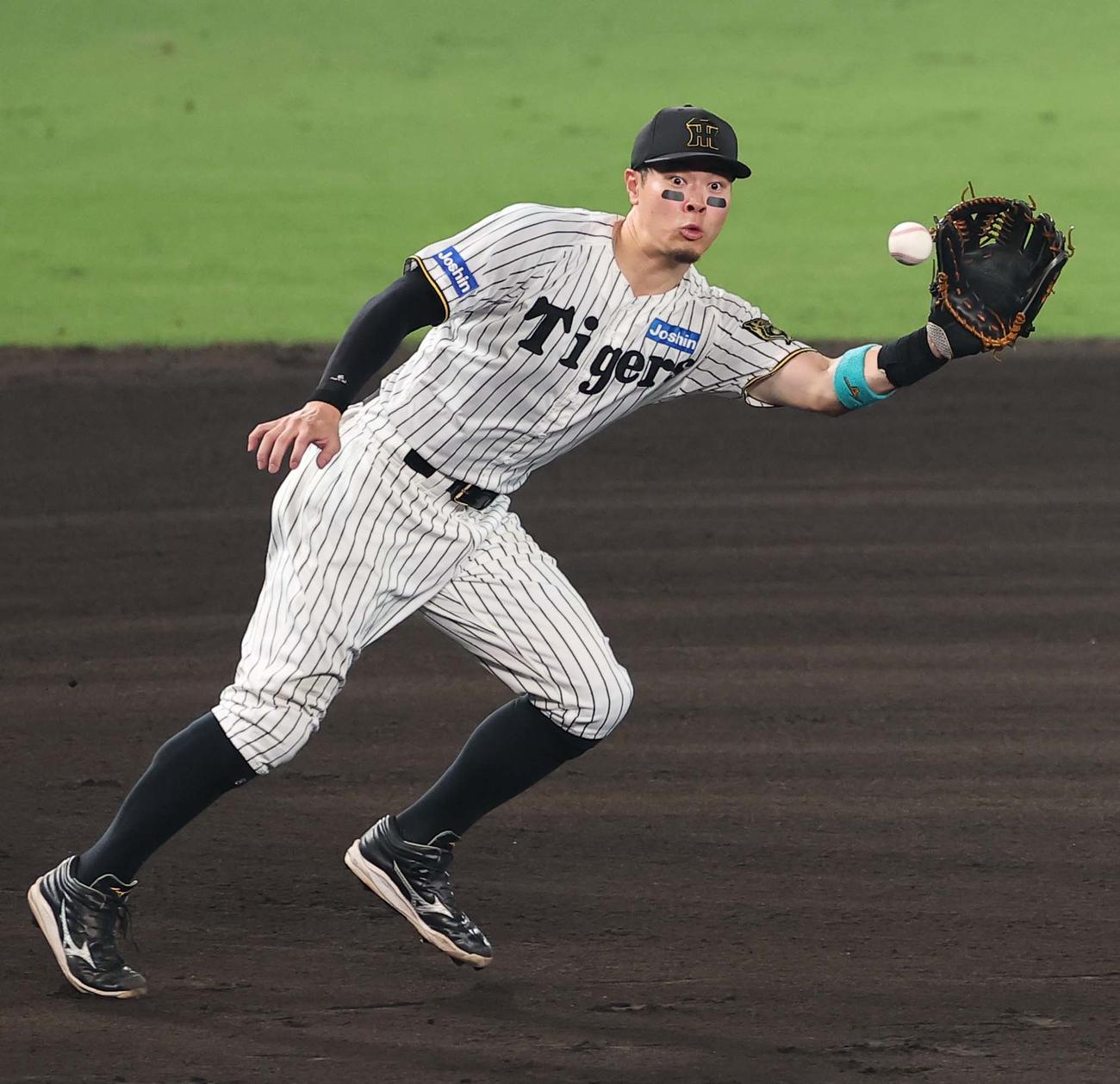 阪神対巨人　6回表巨人1死一塁、佐藤輝はオコエの三直を好捕する（撮影・上田博志）