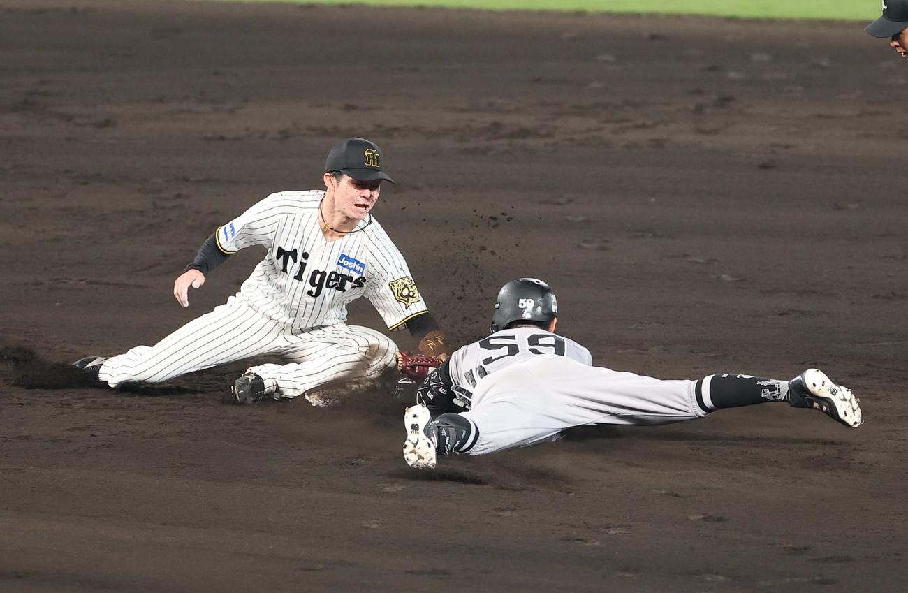 阪神対巨人　9回表巨人1死、二塁を狙った若林（右）は熊谷の好返球で憤死する、二塁手中野（撮影・上田博志）