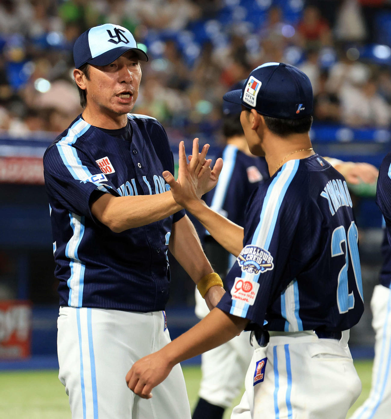 ヤクルト対広島　連敗脱出でハイタッチで喜び合うヤクルト高津監督（左）と山野（撮影・浅見桂子）